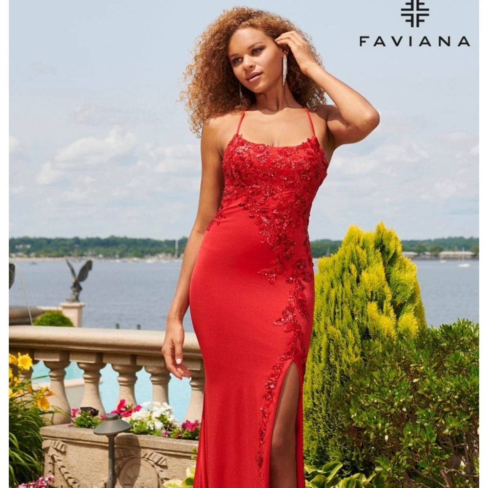 Red Faviana- Scoop Neck Gown with Sequin Applique And Lace Up Back 11017